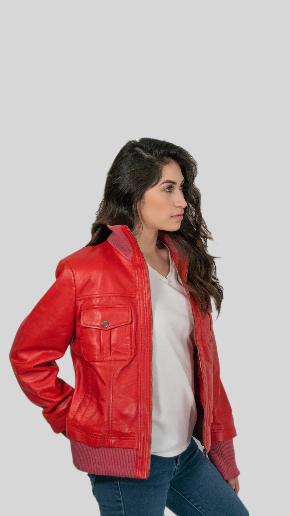 Bailey Womens Leather Bomber Jacket Spring Red