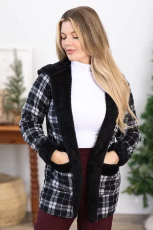 Black and Grey Plaid Faux Fur Lined Jacket