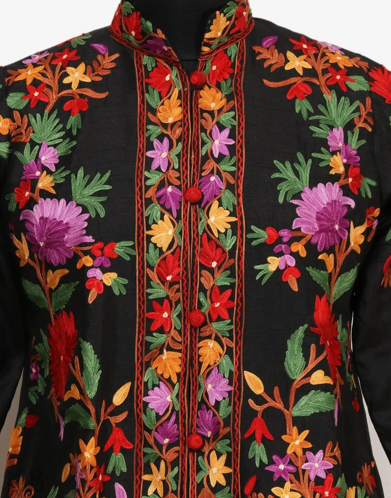 Black Posh Maal Aari Embroidered Silk Jacket