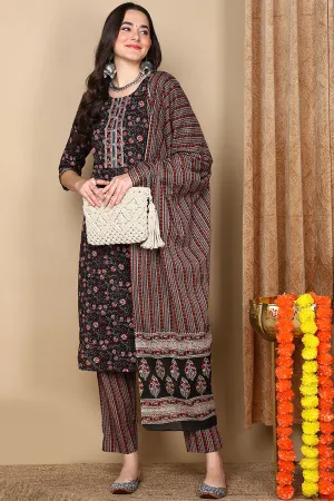 Black Pure Cotton Floral Printed Flared Style Suit Set