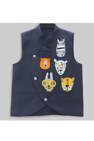 Cartoon faces embroidered blue nehru jacket