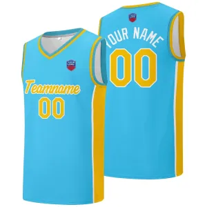 Custom basketball jersey shorts for men and women. Embroidered and printed name, number and logo Light Blue&Yellow