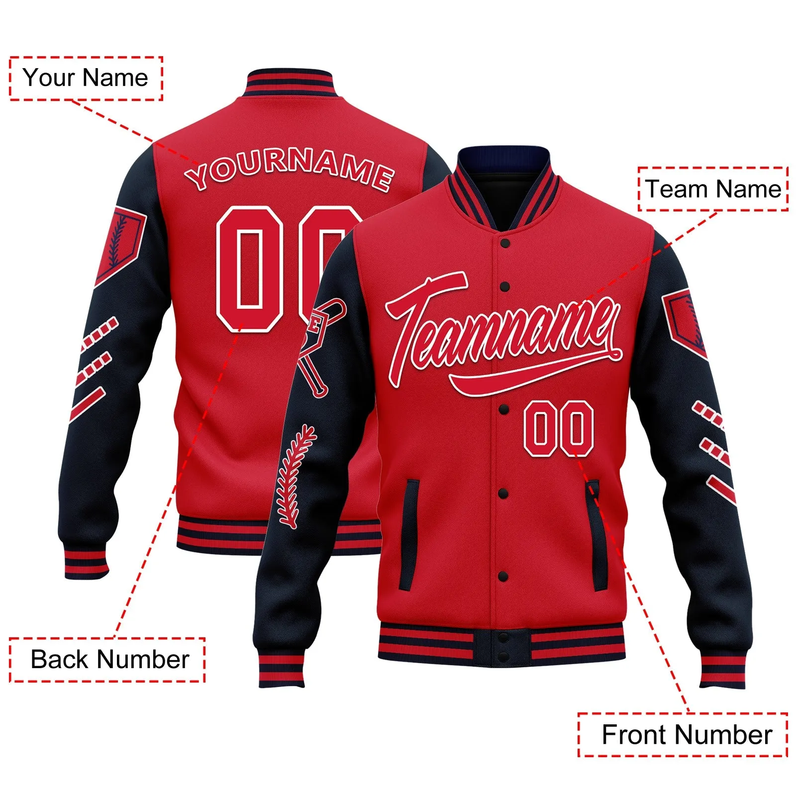 Custom Navy Red Raglan Sleeves Jacket Bomber Full-Snap Varsity Letterman Personalized Jacket FZ005-D023002-1