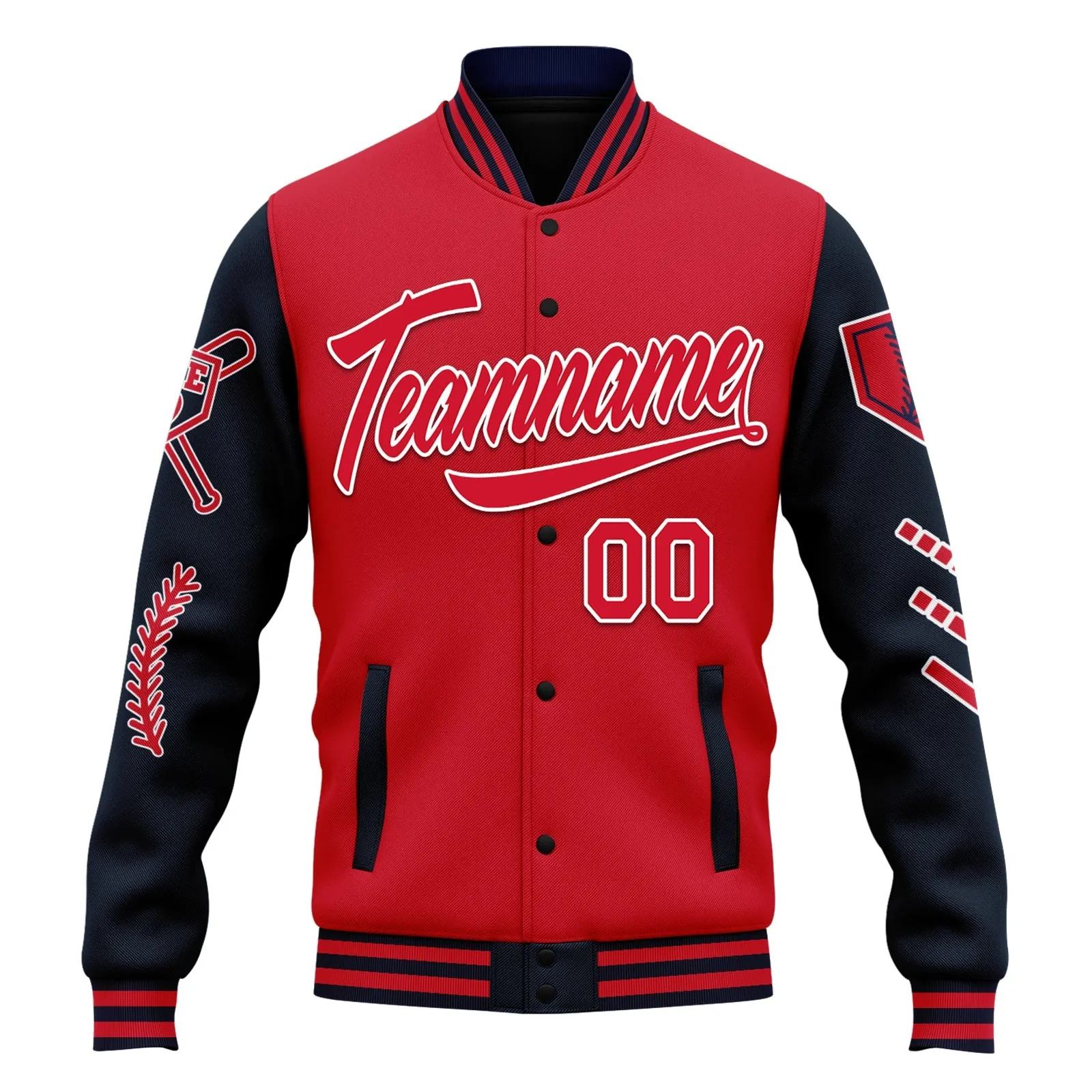 Custom Navy Red Raglan Sleeves Jacket Bomber Full-Snap Varsity Letterman Personalized Jacket FZ005-D023002-1