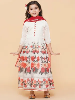 Girls Beige Floral Printed Anarkali Kurti With Dupatta