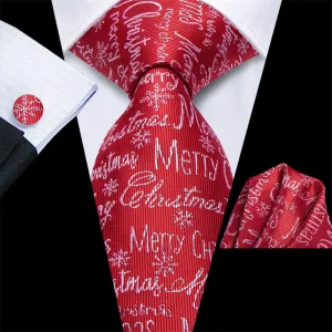 Hi-Tie Red White Christmas Letter Silk Necktie Pocket Square Cufflinks Set