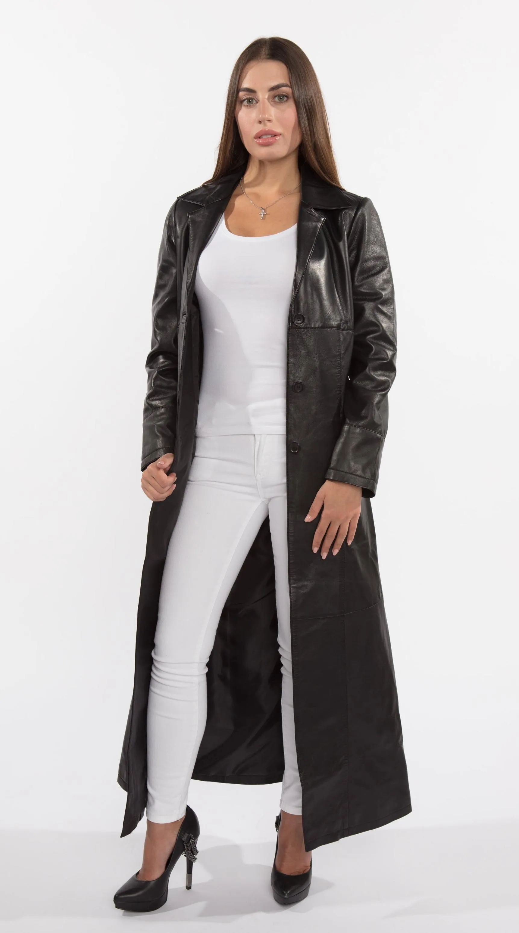 Ladies 3 Button Matrix Black Long Leather Coat