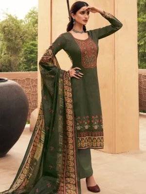 Lawn Cotton Green Unstitched Suit Material with Embroidery