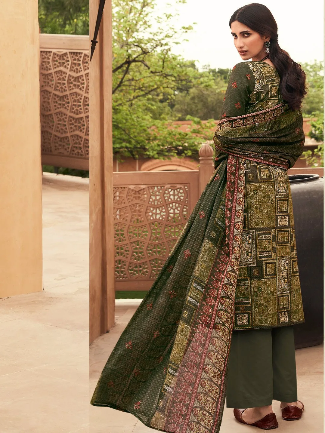 Lawn Cotton Green Unstitched Suit Material with Embroidery