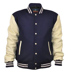 Mens Jacket Wool Leather Navy Blue/Cream