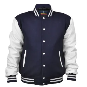 Men’s Varsity Jacket Faux Leather Sleeve and Wool Body Navy/White