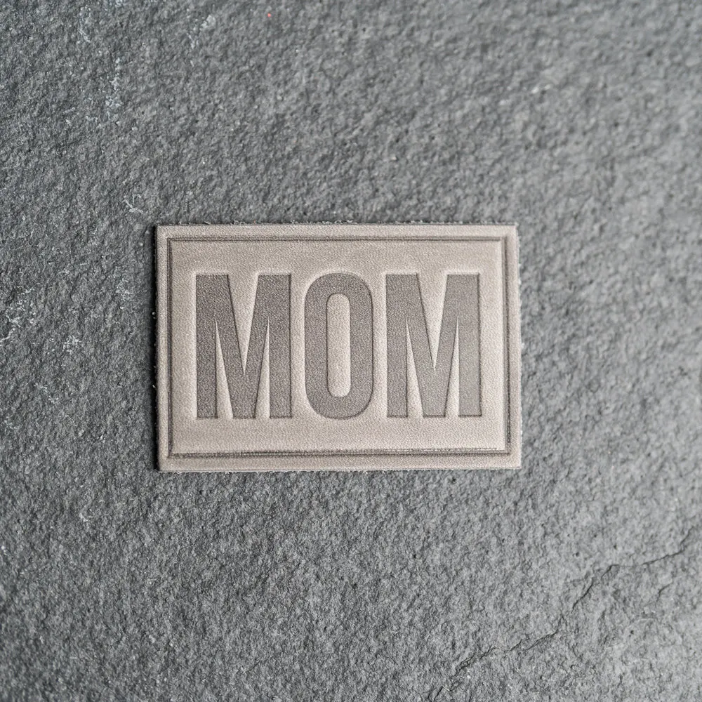 Mom Block Font Stamp Leather Patches with optional Velcro added