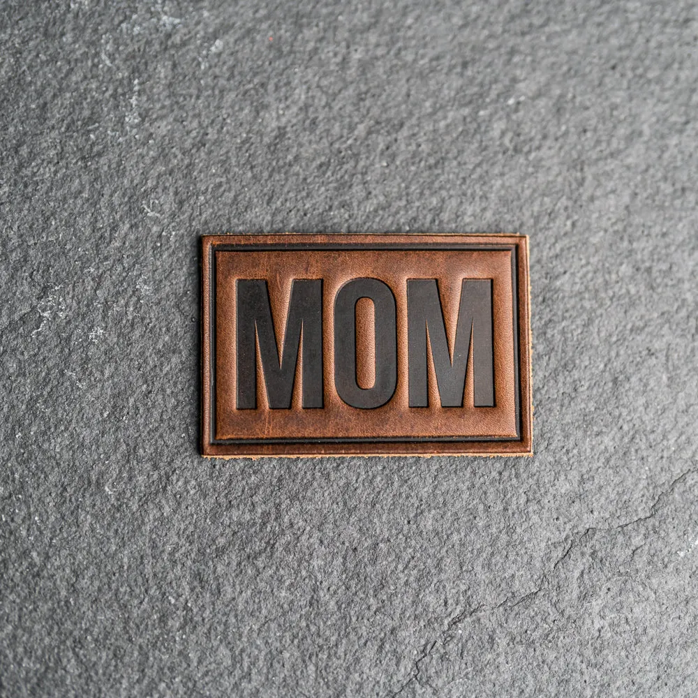 Mom Block Font Stamp Leather Patches with optional Velcro added