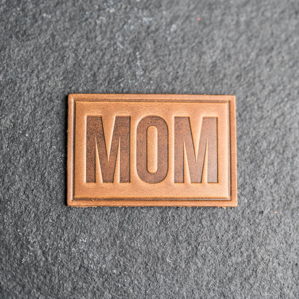 Mom Block Font Stamp Leather Patches with optional Velcro added