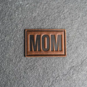 Mom Block Font Stamp Leather Patches with optional Velcro added