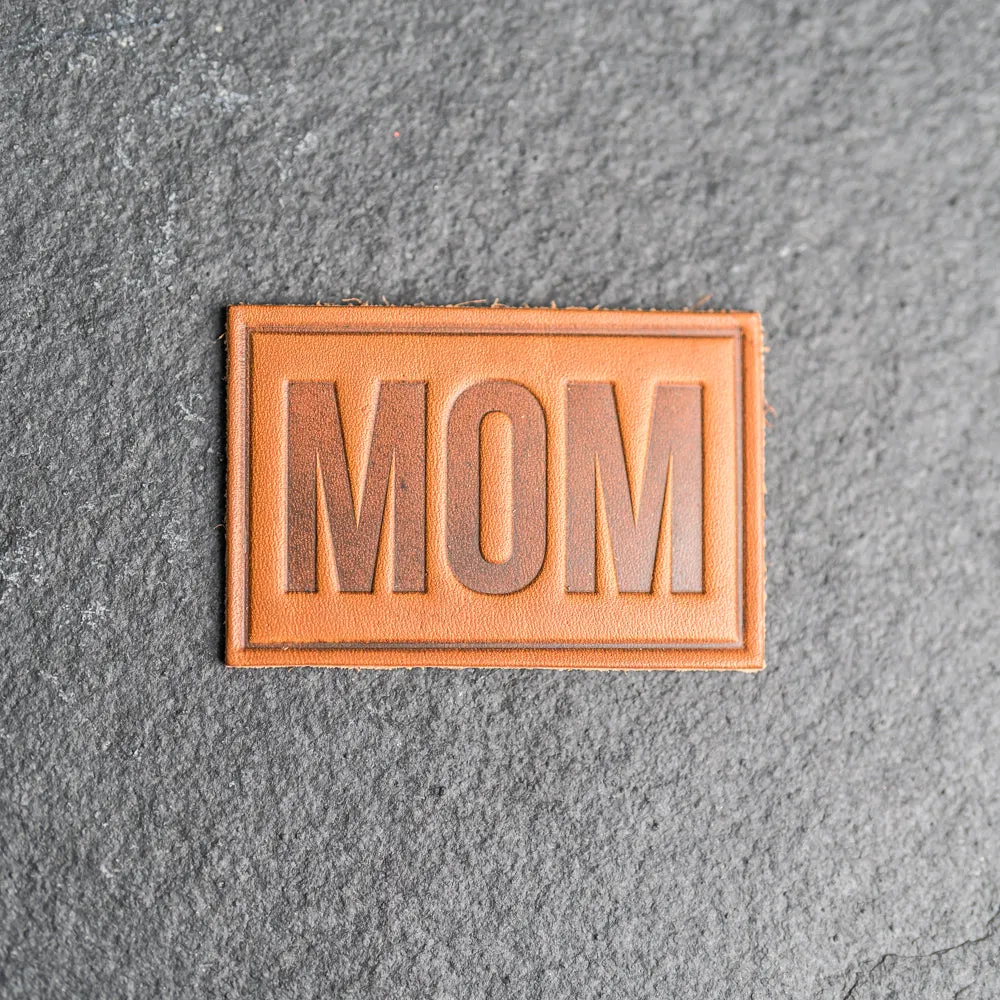 Mom Block Font Stamp Leather Patches with optional Velcro added