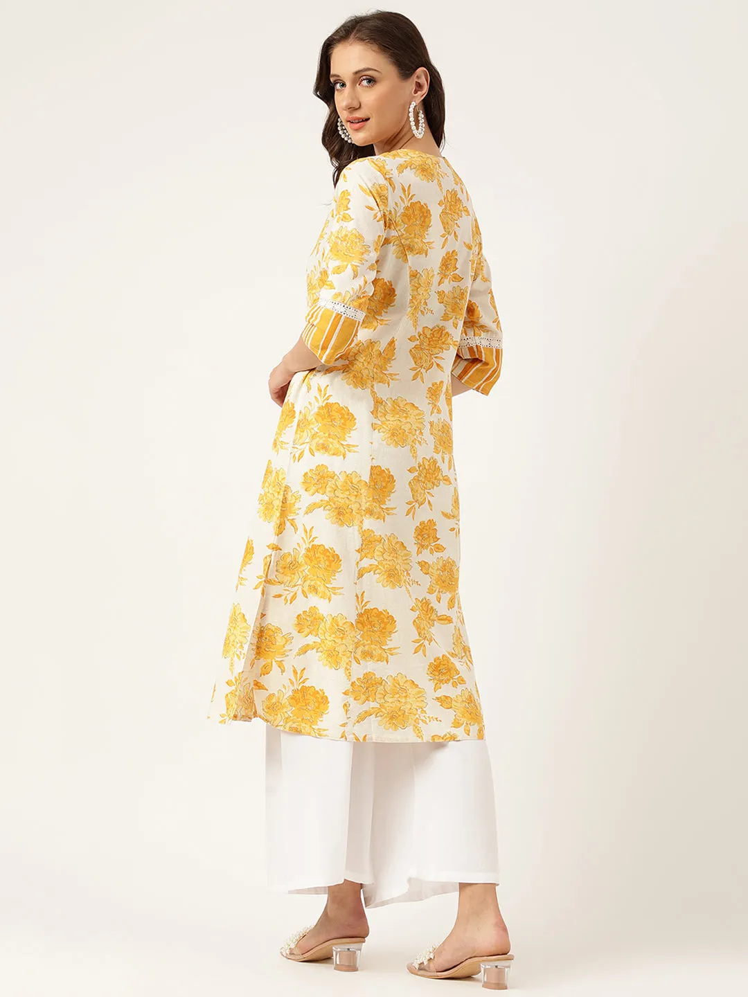 Mustard Floral Printed A-Line Cotton Kurta