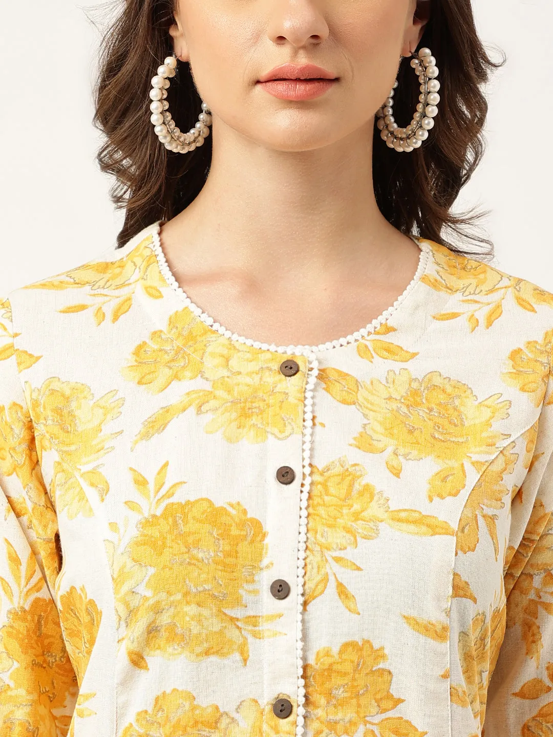 Mustard Floral Printed A-Line Cotton Kurta