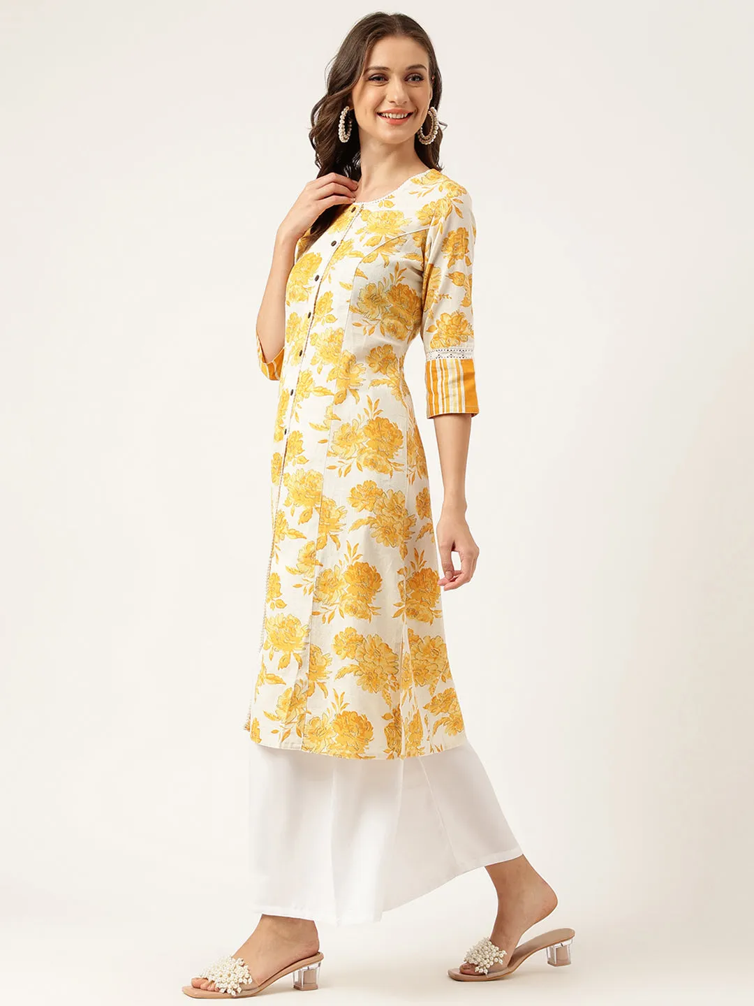 Mustard Floral Printed A-Line Cotton Kurta