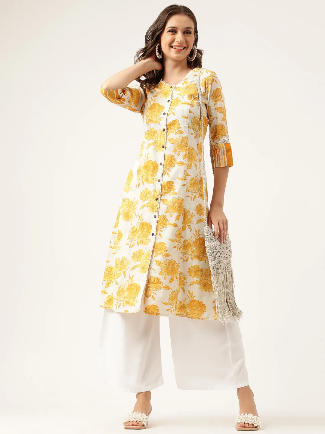 Mustard Floral Printed A-Line Cotton Kurta