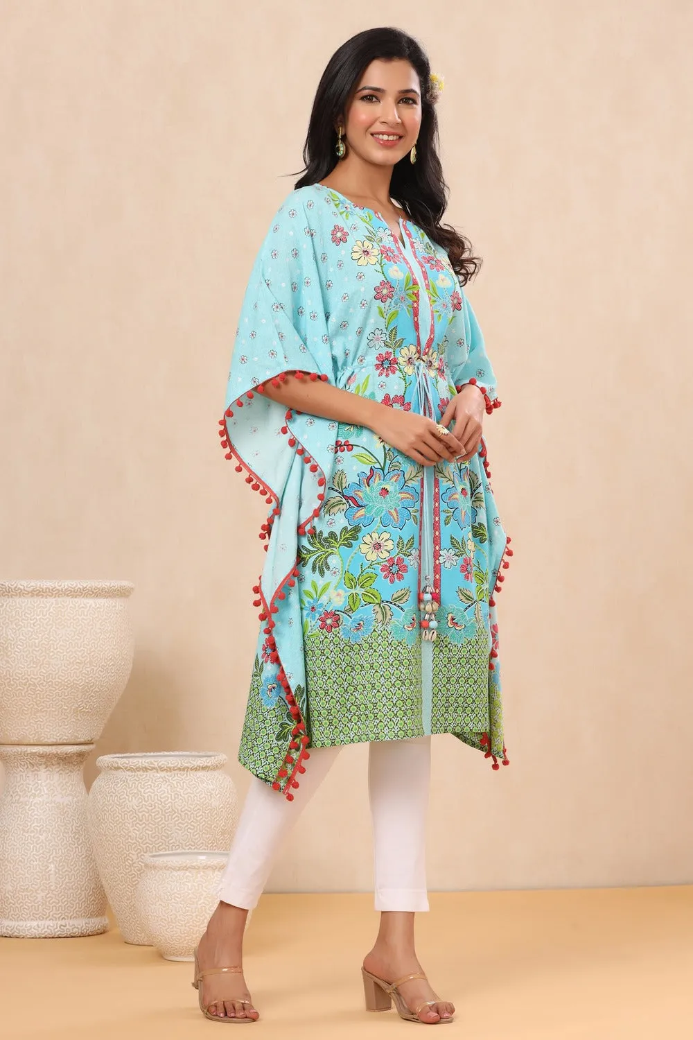 Sky Blue Rayon Floral Printed Kaftan