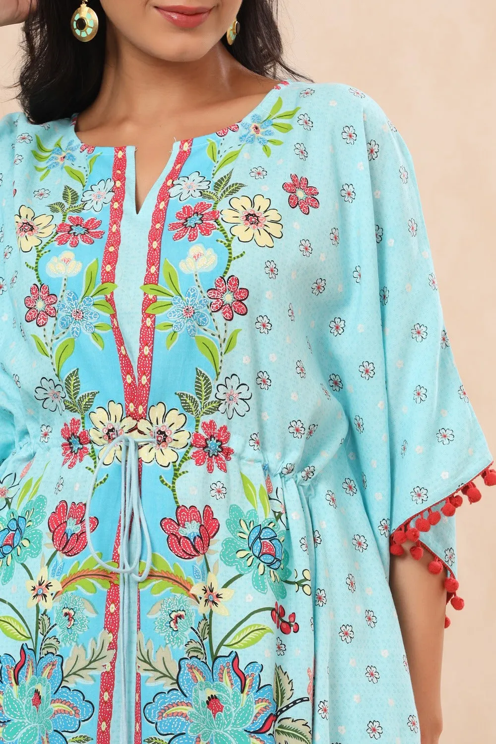 Sky Blue Rayon Floral Printed Kaftan