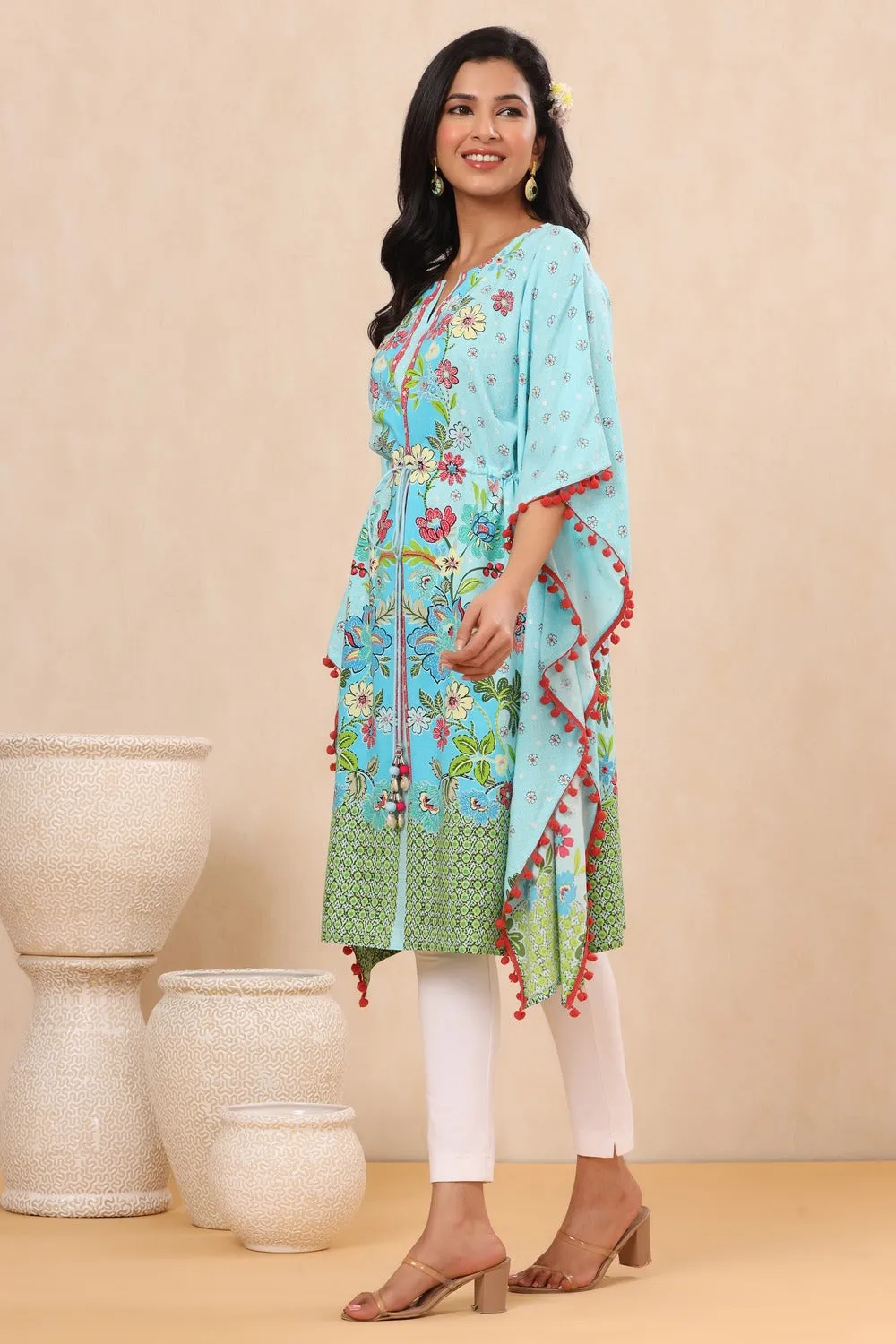 Sky Blue Rayon Floral Printed Kaftan