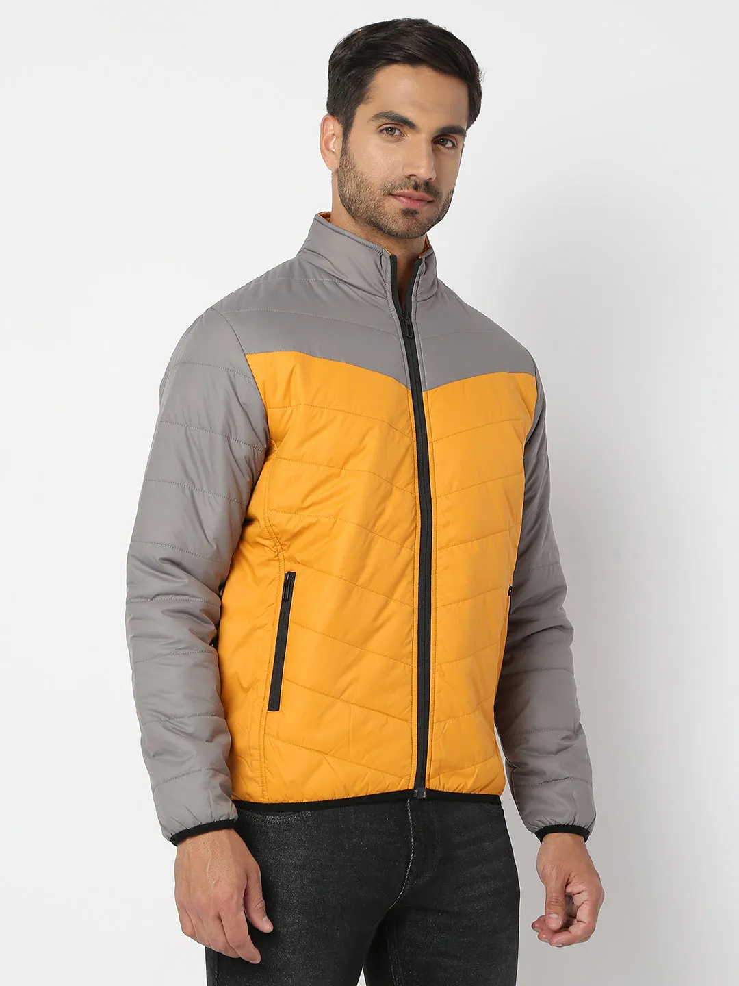 Spykar Men Grey & Mustard Nylon Regular Fit Jacket