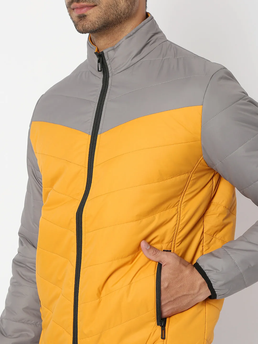 Spykar Men Grey & Mustard Nylon Regular Fit Jacket