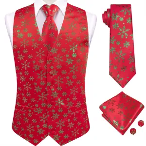 Ties2you Mens Silk Waistcoat Red Green Christmas Elements Vest Necktie Set