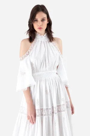 White Broderie Anglaise Lace Off the Shoulder Maxi Dress