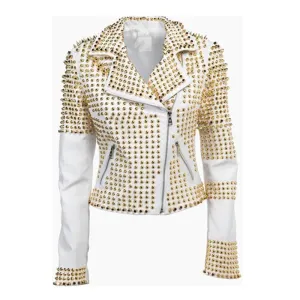 Women Best Style Steampunk Clothing Golden Studded Punk Leather Jacket