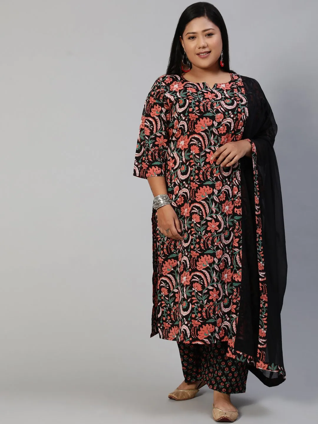 Women Black & Peach Printed Straight Kurta With Plazo & Dupatta