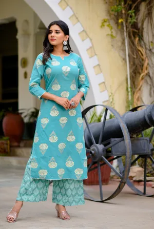 Women Blue & Off-White Printed Kurta Set