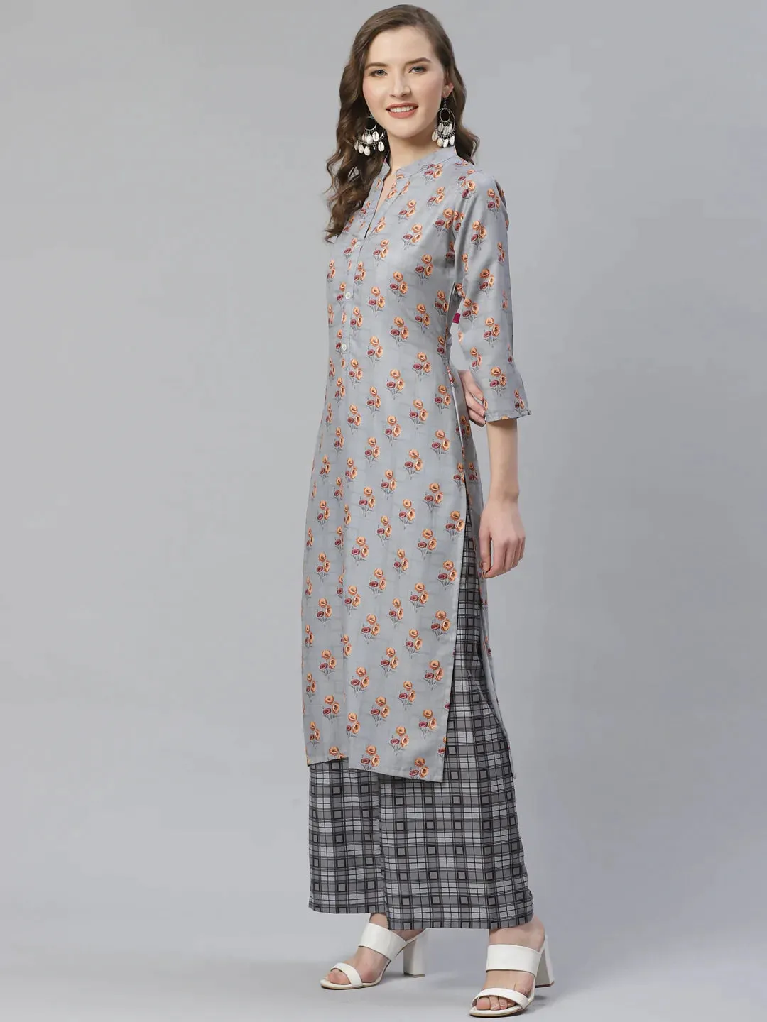 Women Grey & Beige Floral Printed Kurta With Palazzos