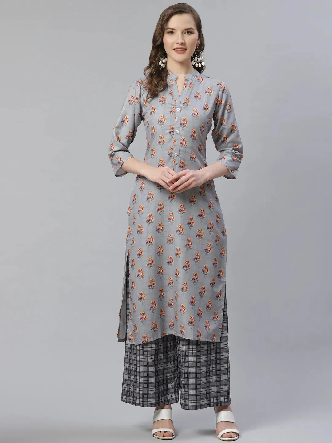 Women Grey & Beige Floral Printed Kurta With Palazzos