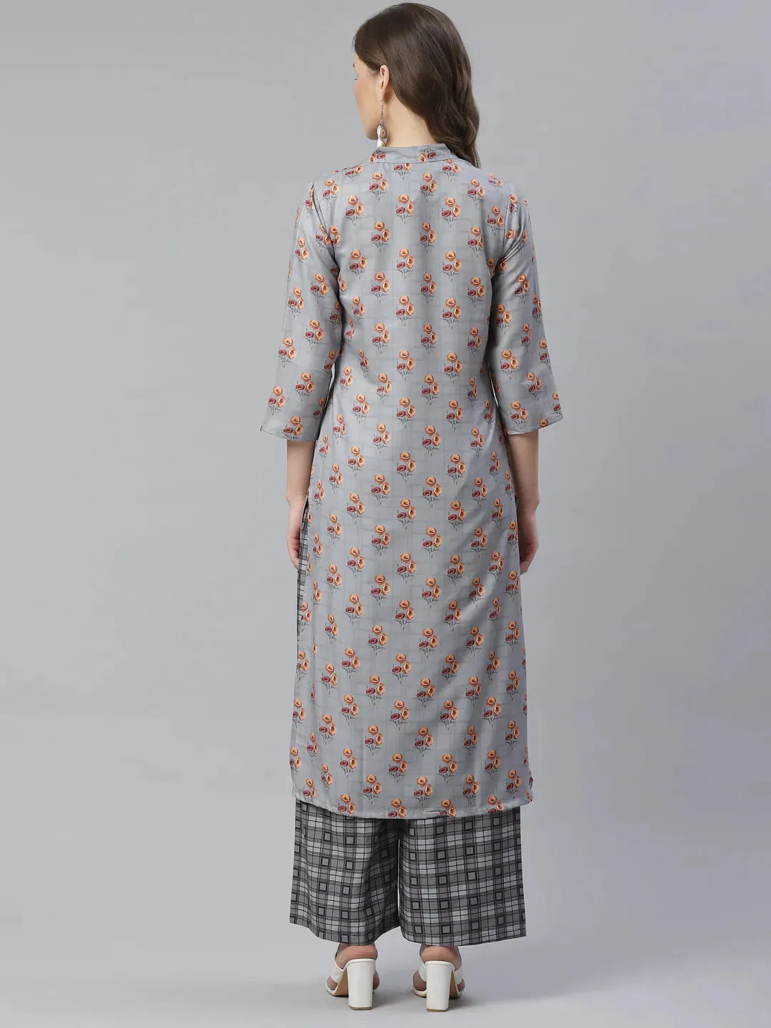 Women Grey & Beige Floral Printed Kurta With Palazzos