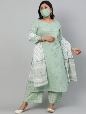 Women Sage Green & Gold  Printed Straight Kurta With Plazo & Dupatta