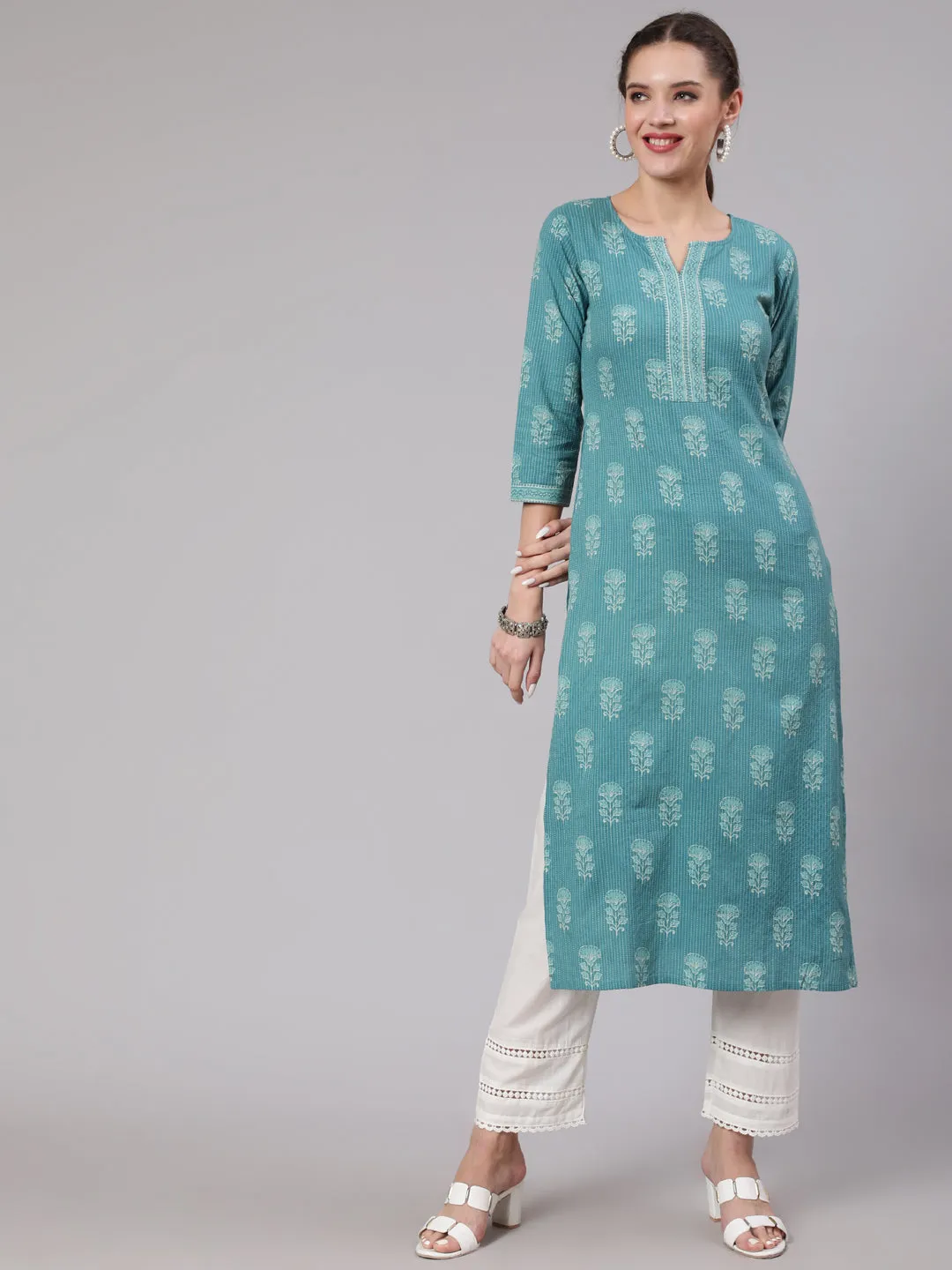 Women Sea Green Printed Straight Kurta With White Solid Trouser