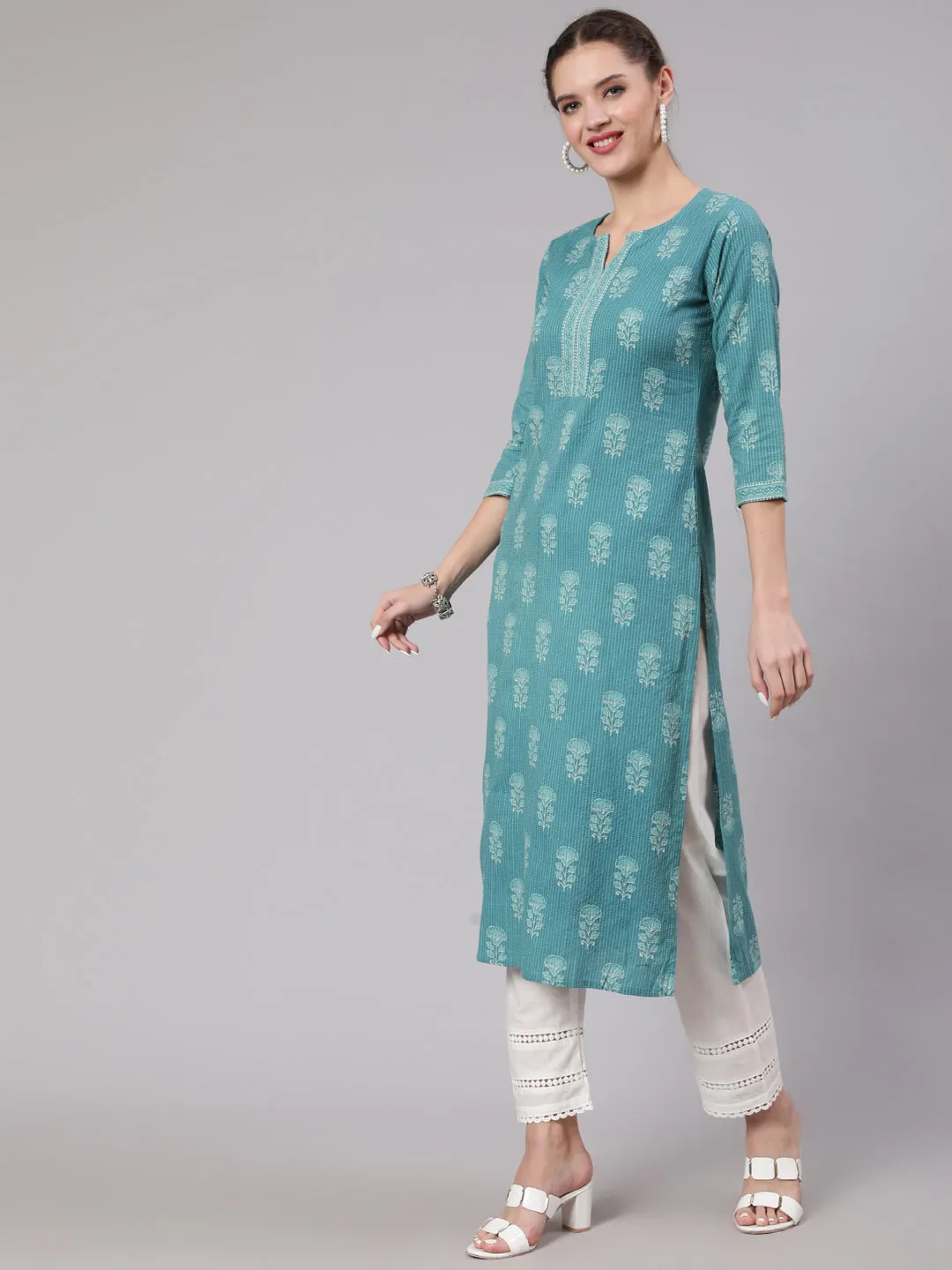 Women Sea Green Printed Straight Kurta With White Solid Trouser