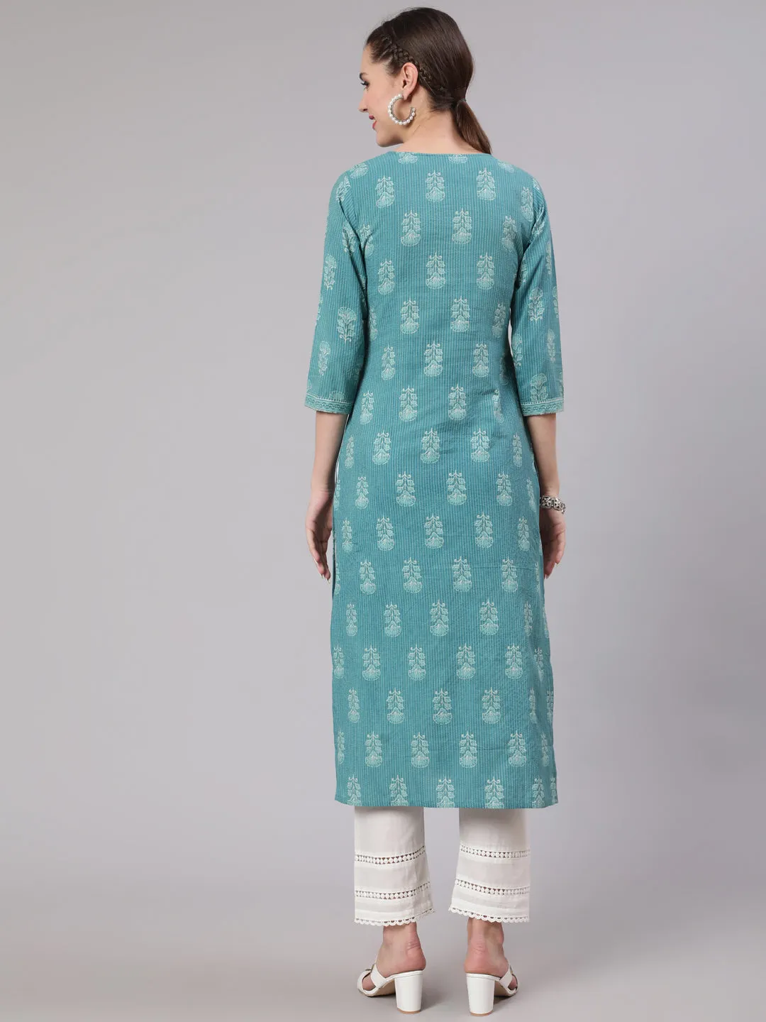 Women Sea Green Printed Straight Kurta With White Solid Trouser