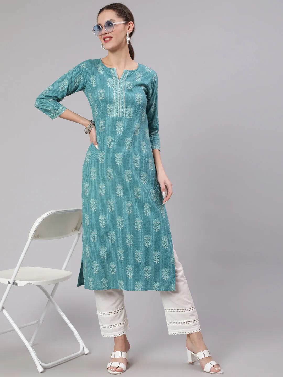 Women Sea Green Printed Straight Kurta With White Solid Trouser