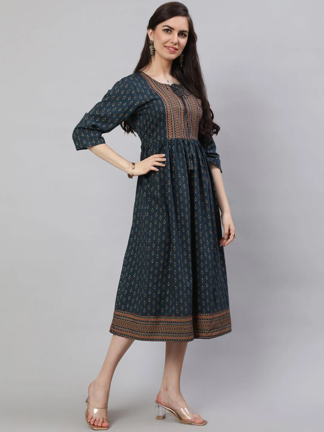 Women Teal Blue Ethinc Printed Flared Dress With Three Quarter Sleeves