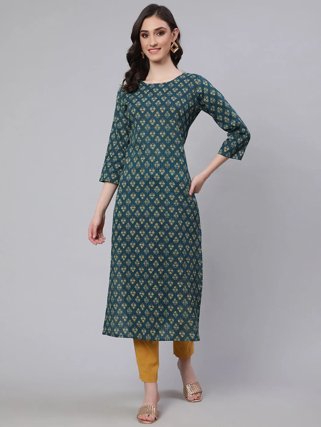 Women Teal Blue Printed Straight Kurta With Three Qurter Sleeves