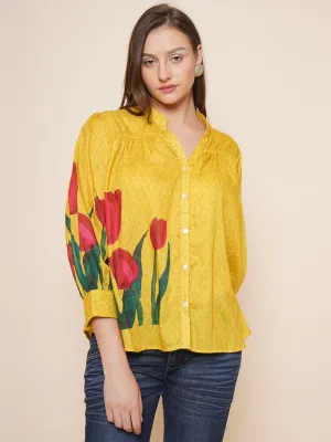 Yellow Floral Printed Shirt Style Top